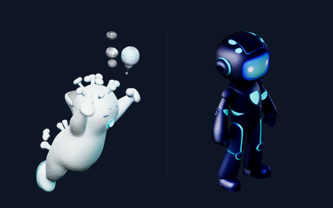 Left: the Zeitgeist as a glowing white blob — image-to-3D reconstructs it as a shapeless lump. Right: the redesign with a dark body and cyan seams, which bakes into a crisp, readable mesh.