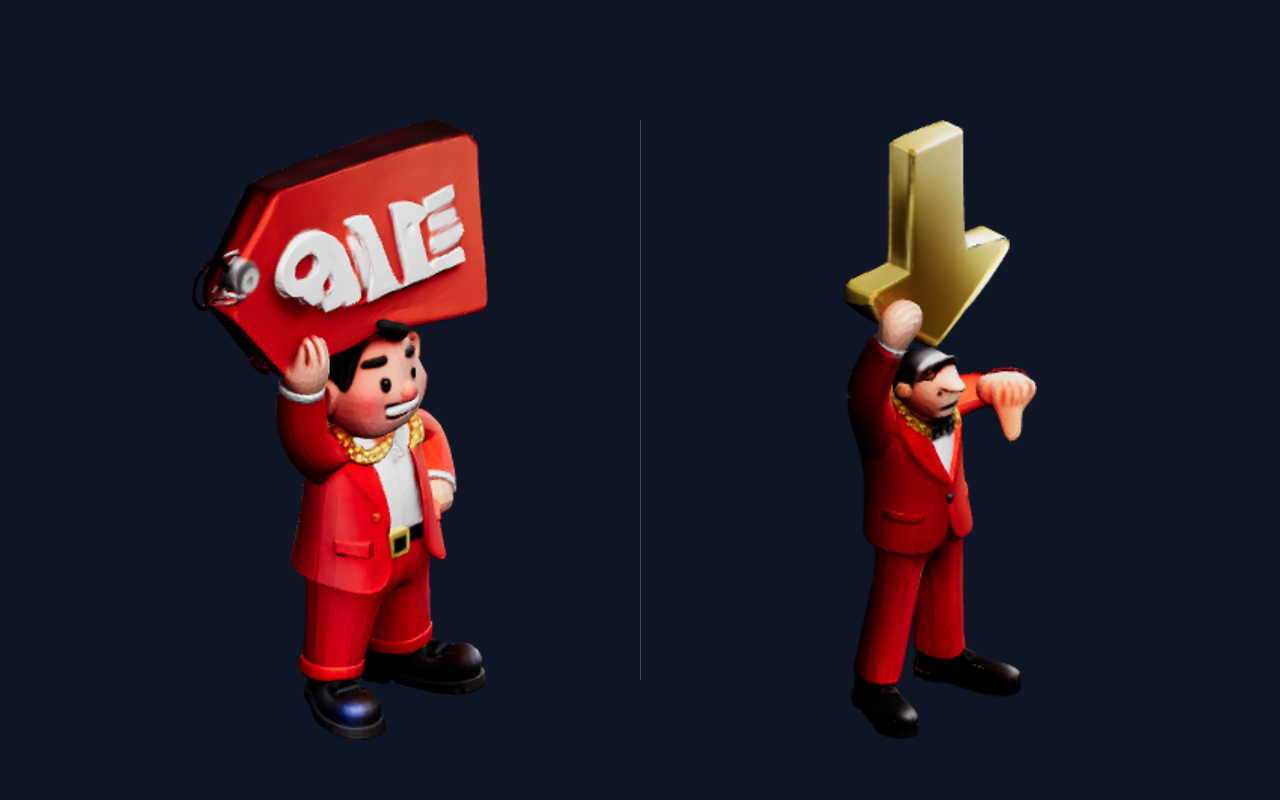 Left: the Undercutter's worded SALE sign after image-to-3D — the letters collapse into garbled runes. Right: the same character holding a gold price-drop arrow instead. Symbols reconstruct; words don't.