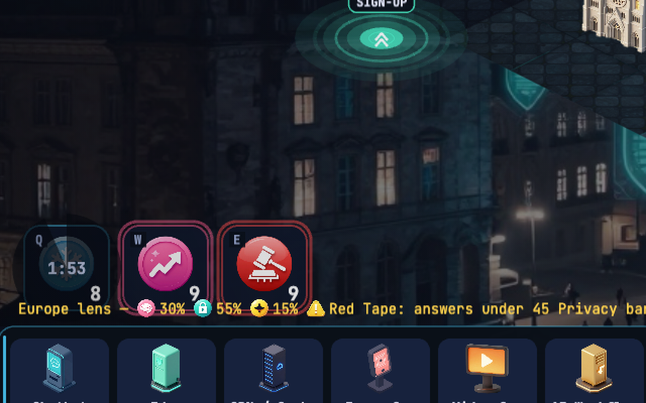 The three-slot hotbar mid-wave: the first slot (Coolant) is mid-cooldown with a radial sweep and a countdown, the other two lit and ready — each with its stock count and a Q/W/E hotkey in the corner.
