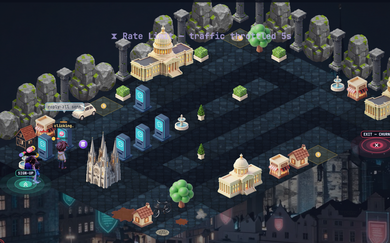 Rate Limit active: every user tinted violet under a scanline wash, so the five-second slow is something you can see at a glance, not just a number quietly changing.